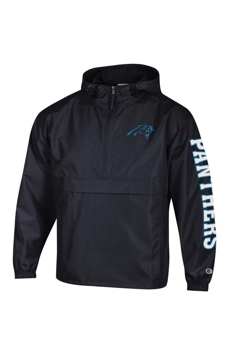 Champion Men's Champion Black Carolina Panthers Packable Hooded Windbreaker Half-Zip Jacket, Alternate, color,