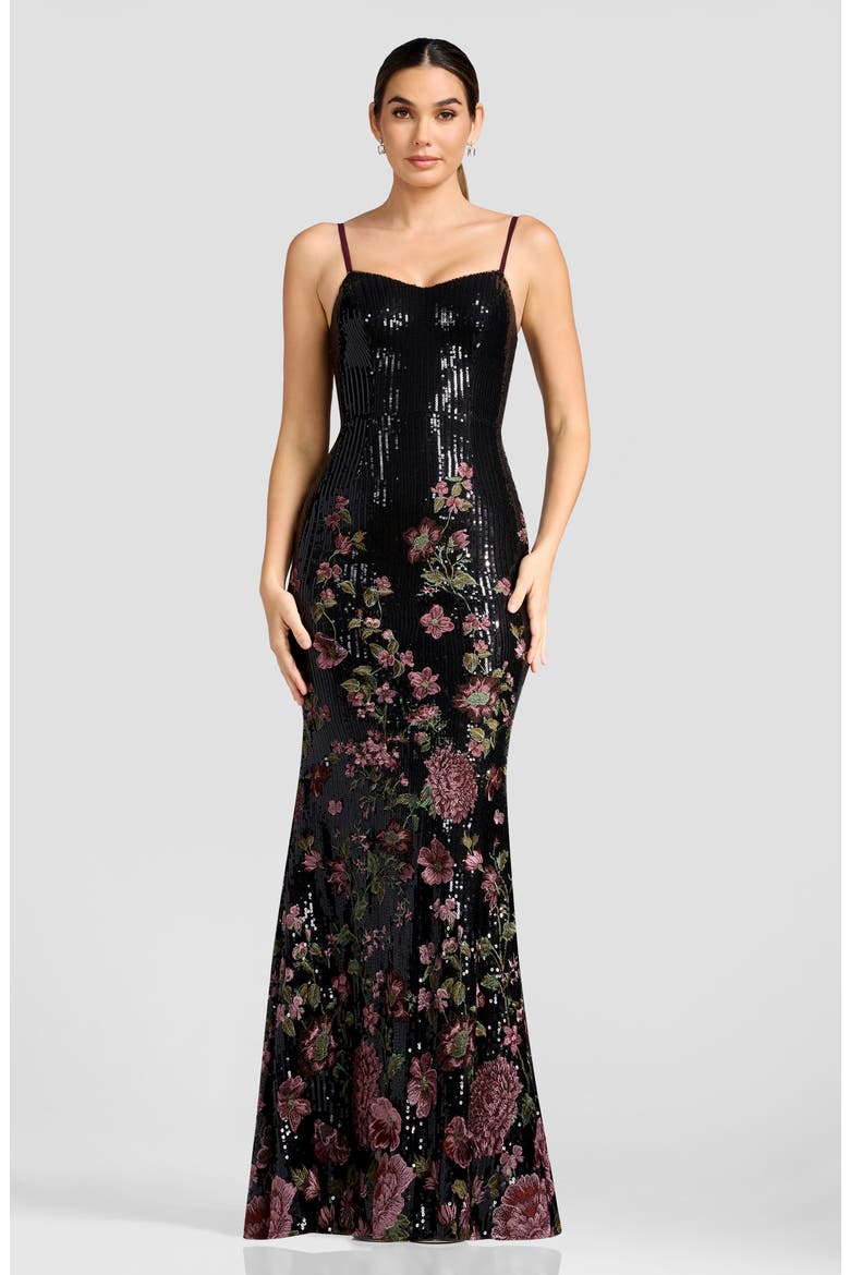 Giovanna Floral Embroidery Sequin Mermaid Gown, Alternate, color, BLACK MULTI