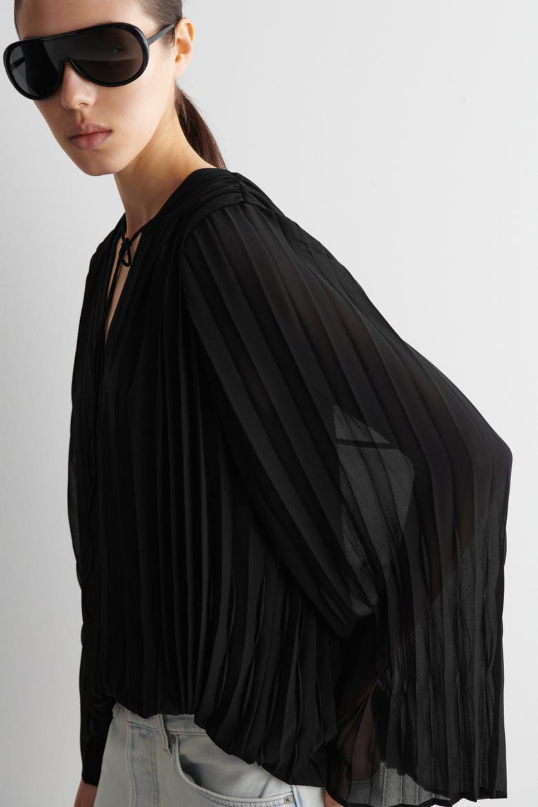 Tie-Front Pleated Georgette Blouse, Alternate, color, BLACK