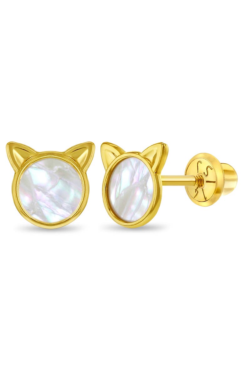 In Season Jewelry 14k Mother of Pearl Kitty Earrings, Main, color, Gold
