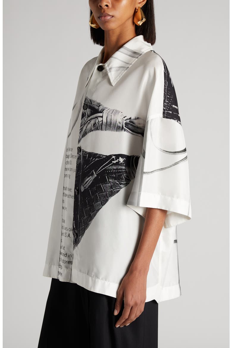 Campaign Print Oversize Silk Button-Up Shirt, Alternate, color, 9060 CHALK/ BLACK