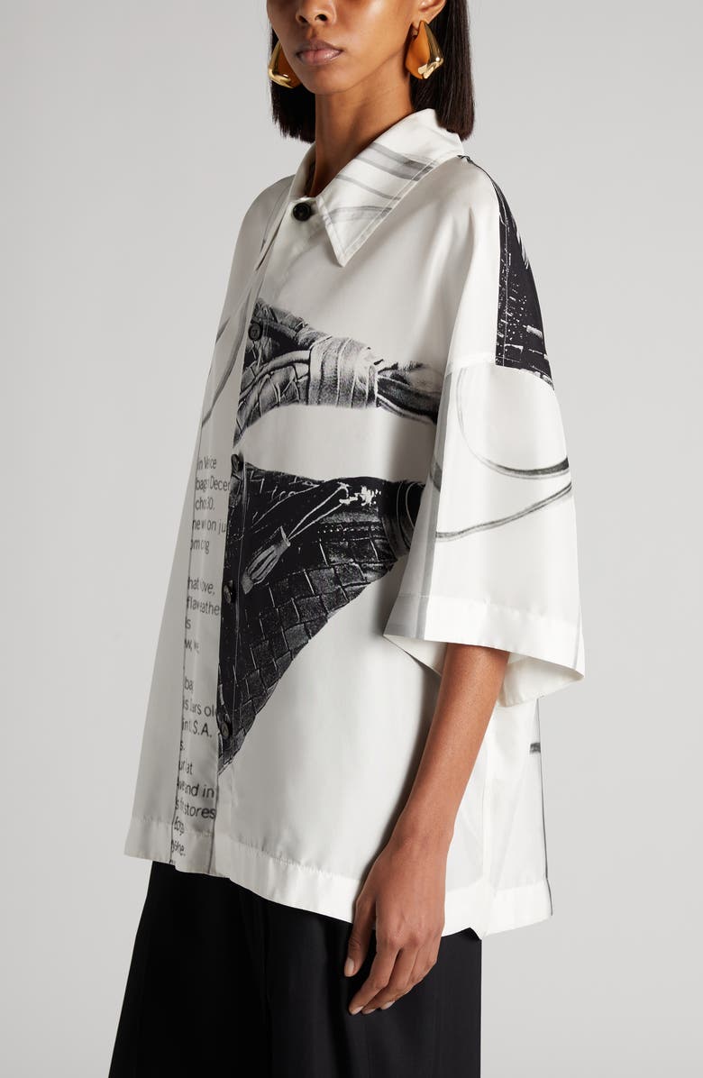 Bottega Veneta Campaign Print Oversize Silk Button-Up Shirt, Alternate, color, 9060 Chalk/ Black