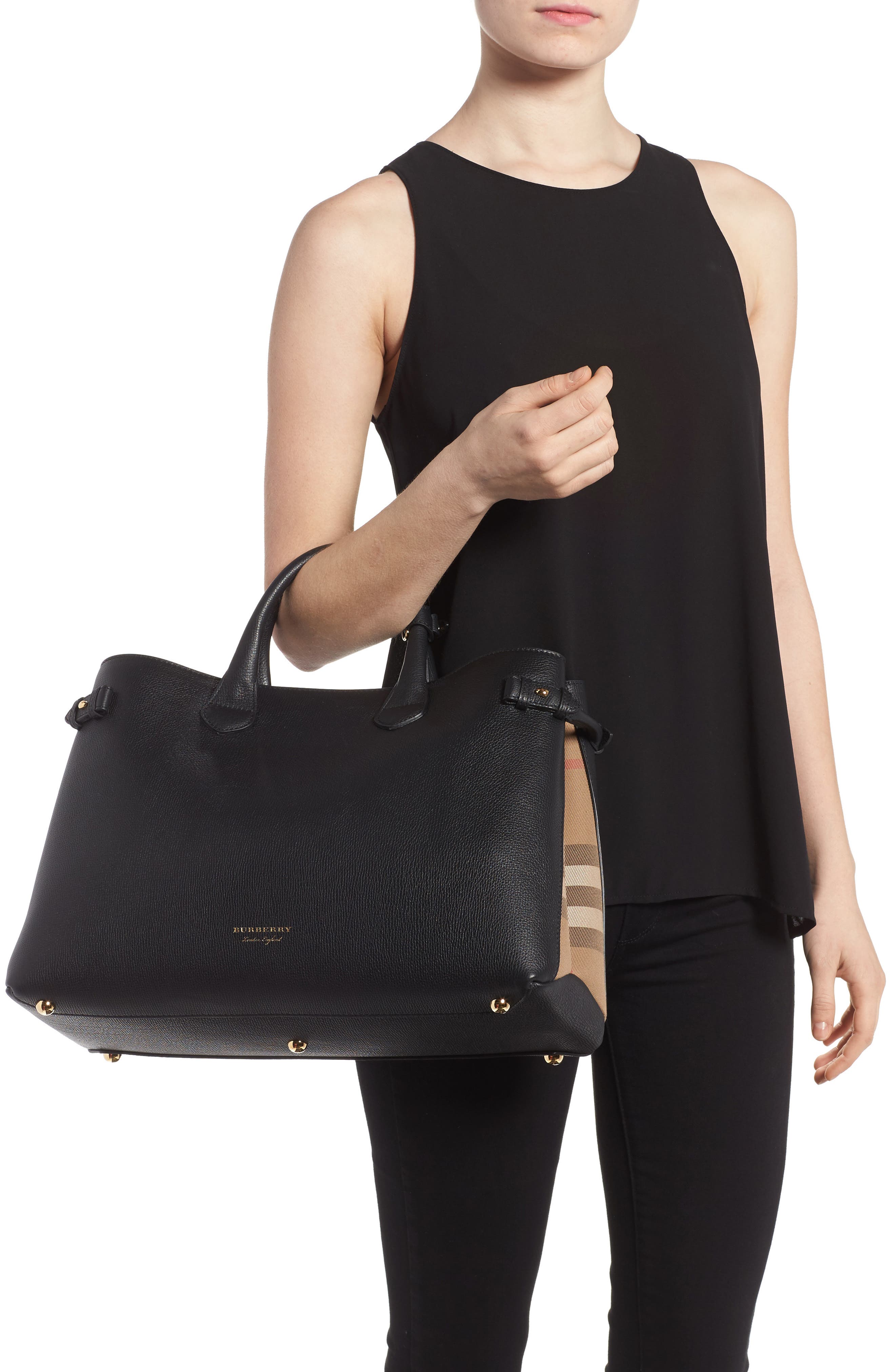 Burberry Large Banner - Derby House Check Calfskin Leather Tote, Alternate, color, 