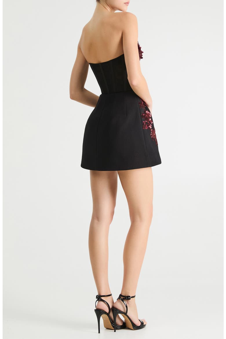 Simone Floral Appliqué Strapless Cocktail Dress, Alternate, color, BLACK/ MERLOT