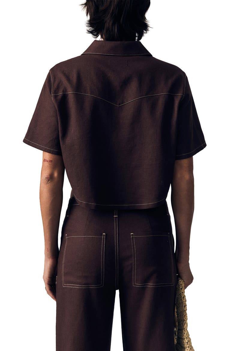 Short Sleeve Swing Linen Button-Up Shirt, Alternate, color, COCOA