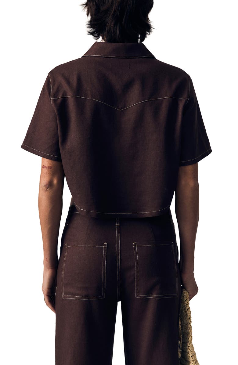 LE JEAN Short Sleeve Swing Linen Button-Up Shirt, Alternate, color, Cocoa