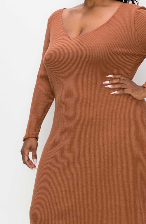 L I V D Scoop Neck Long Sleeves Rib Sweater Midi Dress In Chestnut