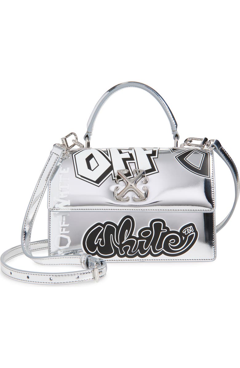 Off-White Jitney 0.5 Quote Faux Leather Shoulder Bag, Main, color, Silver - Black
