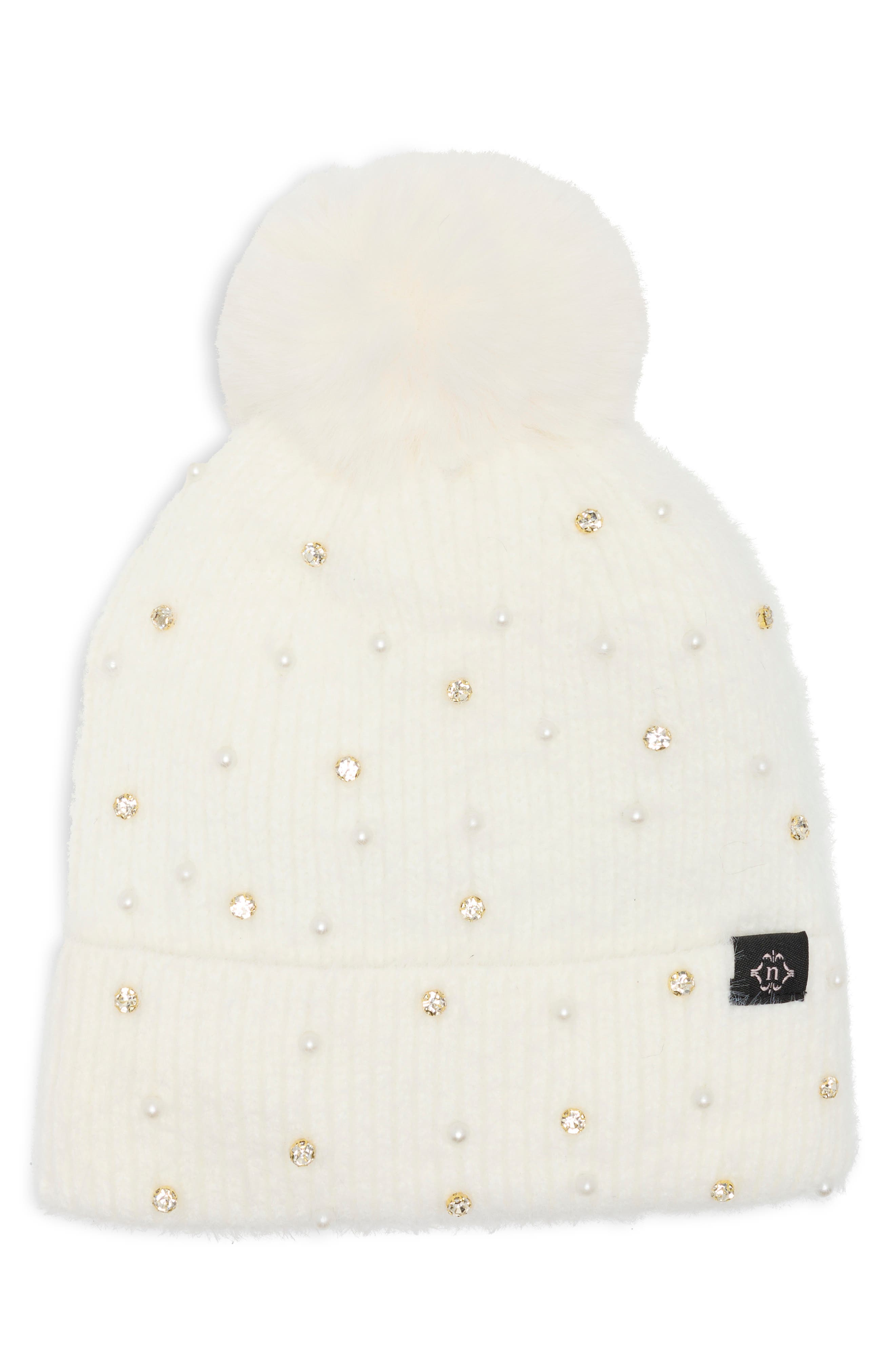 Star Embellished Faux Fur Pom Beanie