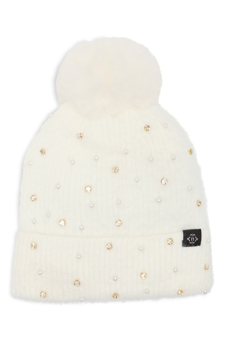 Star Embellished Faux Fur Pom Beanie, Main, color, WHITE