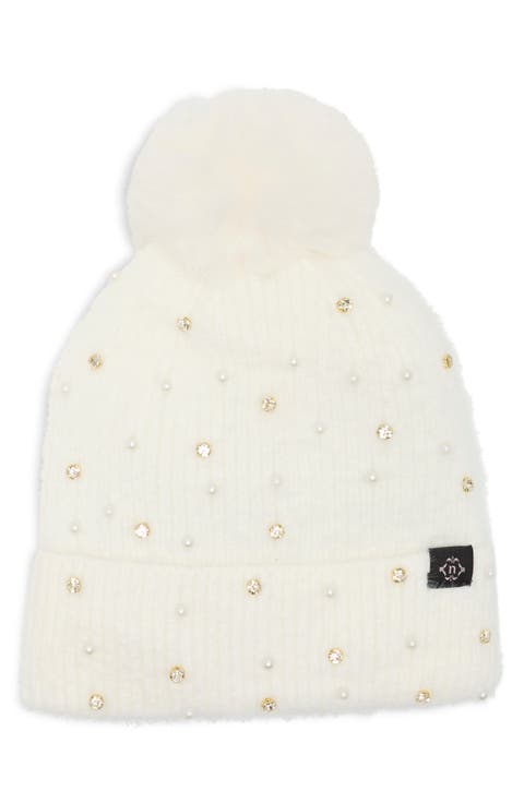 Star Embellished Faux Fur Pom Beanie