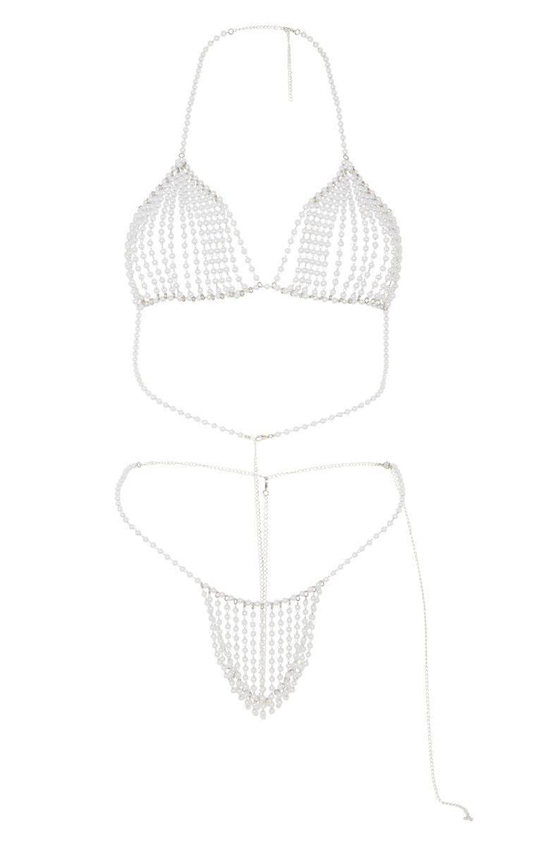 Roma Confidential Vintage Lust Faux Pearl Bralette & G-String Set, Main, color, Pearl