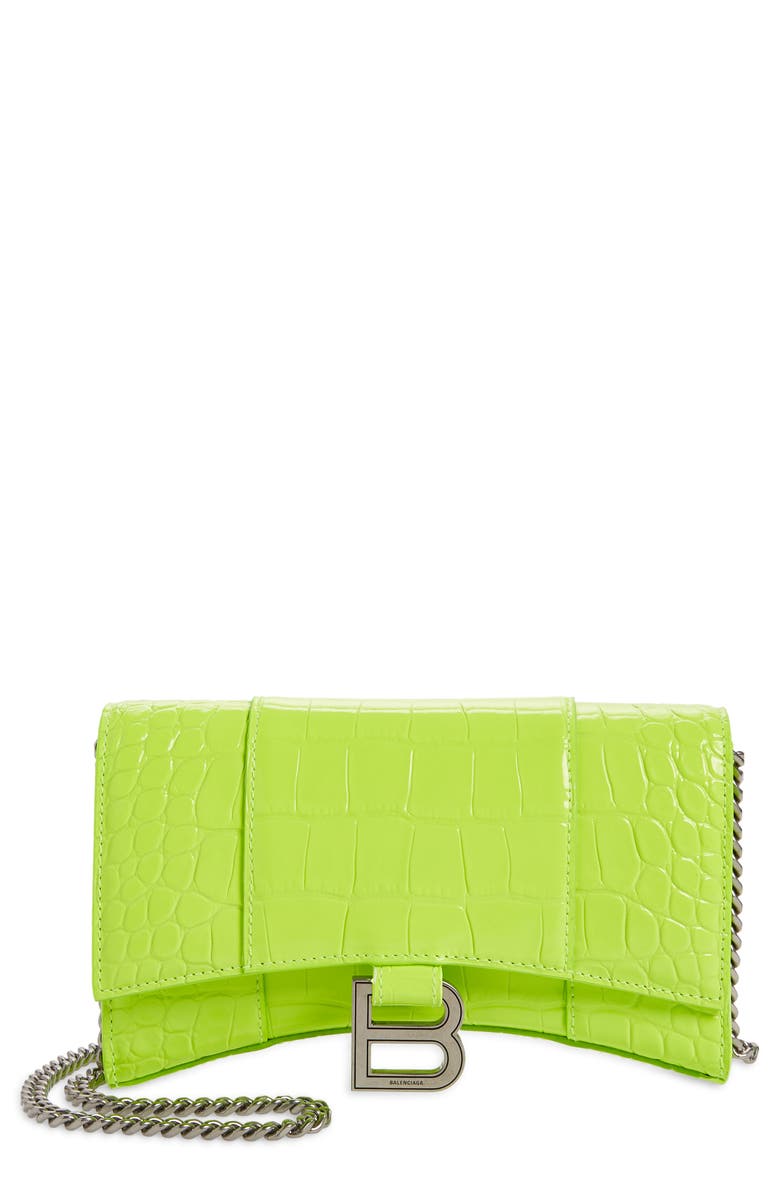 Balenciaga Hourglass Croc Embossed Leather Wallet on a Chain, Main, color, 