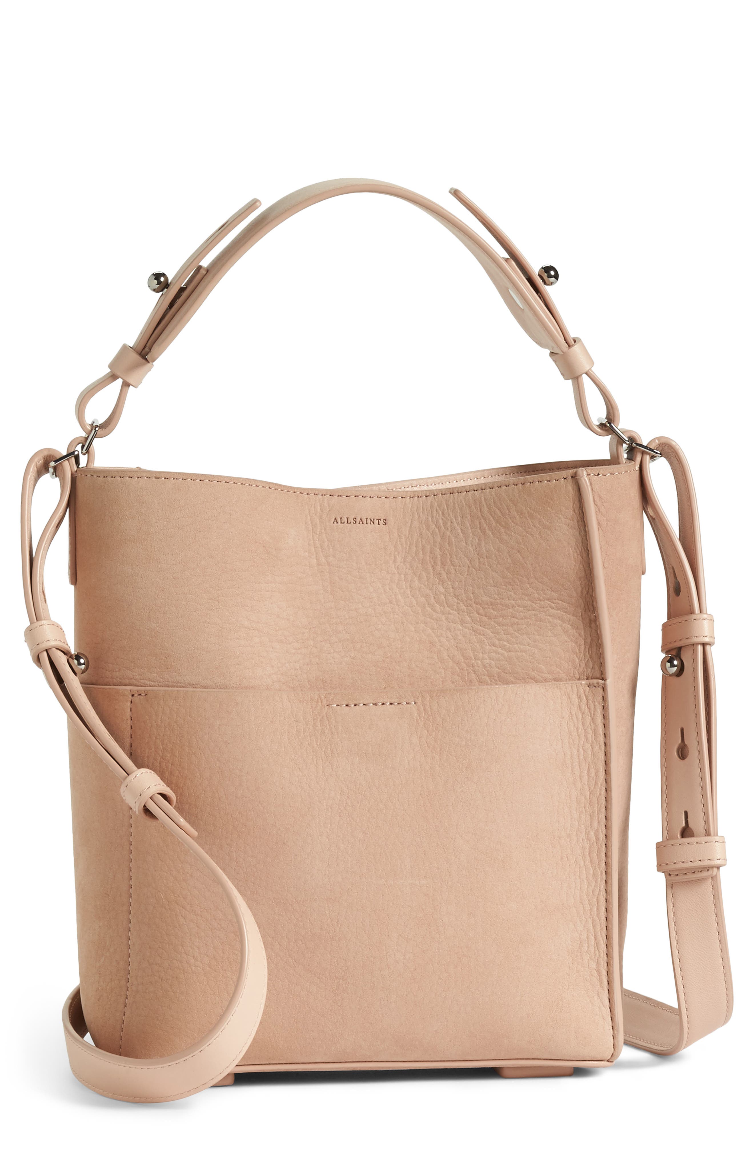 AllSaints Mini Mast Leather North/South Tote, Main, color, 