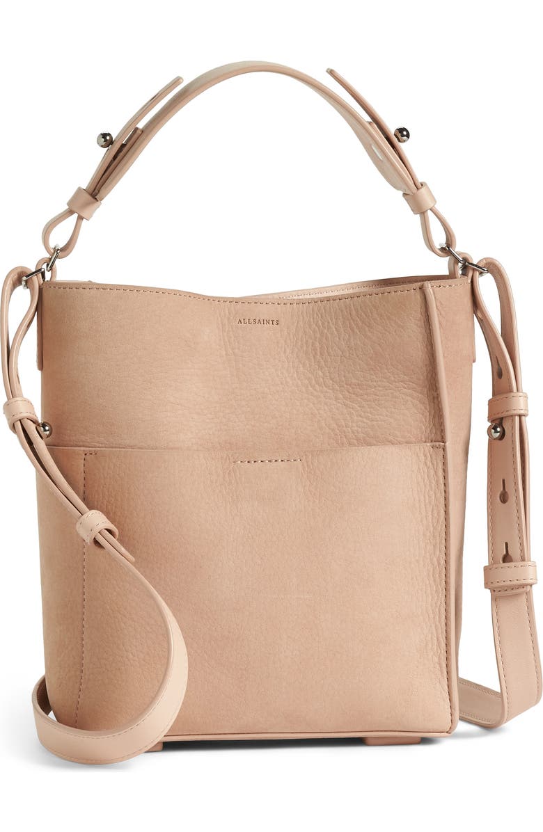 AllSaints Mini Mast Leather North/South Tote, Main, color,