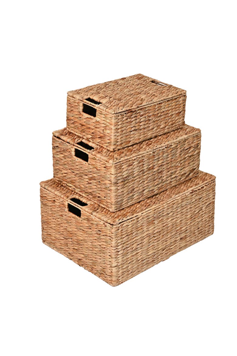 Brooks Classic Farmhouse Woven Hyacinth Rectangular Storage Baskets with Lids and Handles, Alternate, color, Natural