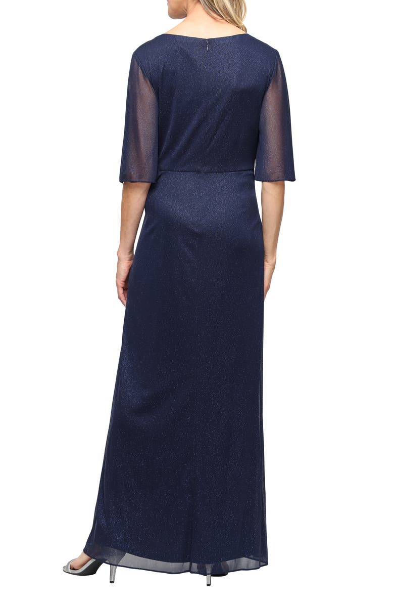 SL FASHIONS Center Twist Glitter Mesh Gown, Alternate, color, Navy