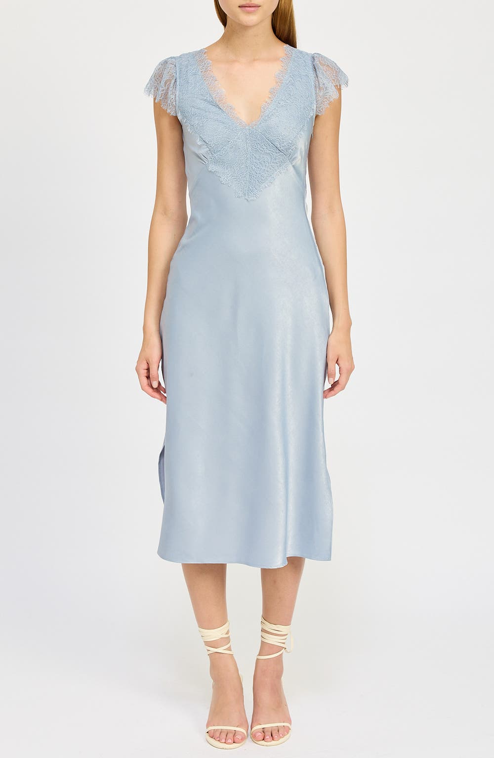 Mila Cap Sleeve Lace & Satin Midi Dress, color, DUSTY BLUE
