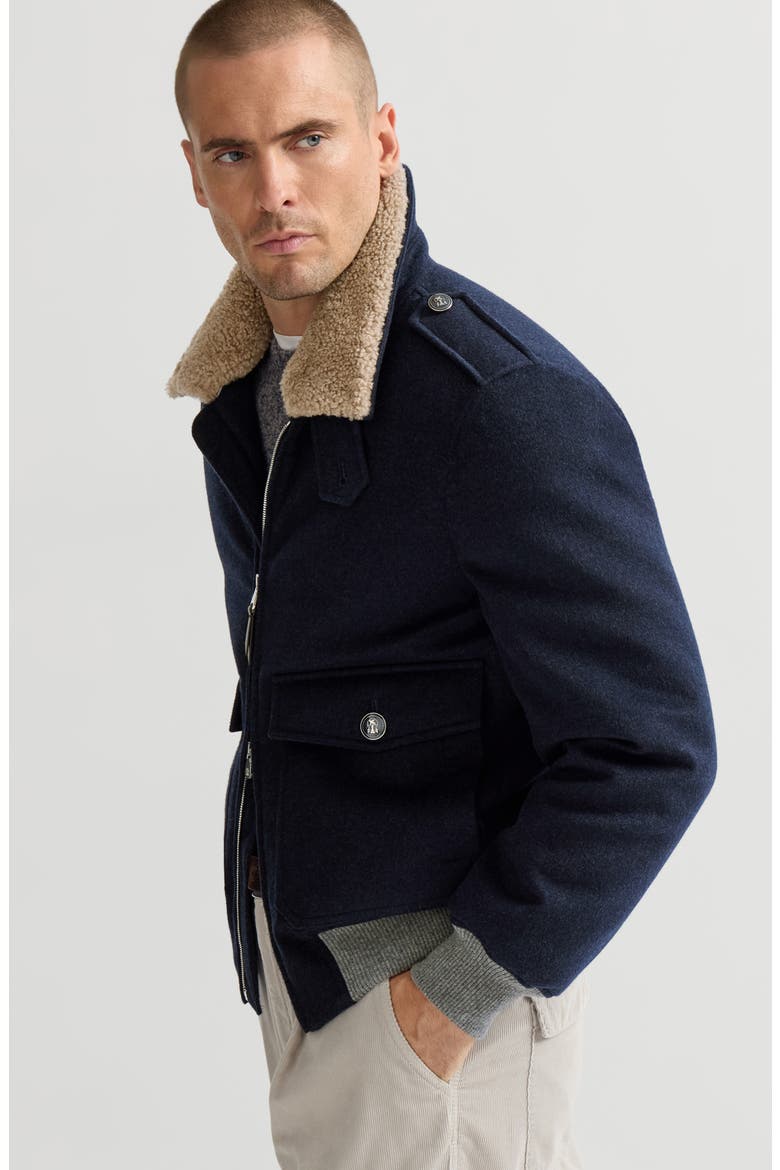 Bonded cashmere beaver cloth bomber jacket with Thermore® padding and detachable shearling collar, Alternate, color, Blue