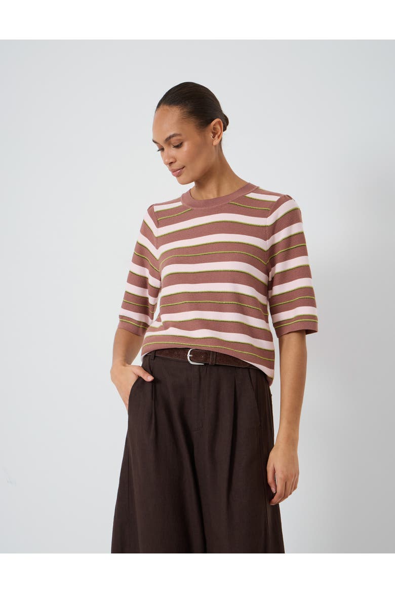 Gathered Shoulder Stripe Knitted T-shirt, Main, color, Clay Brown