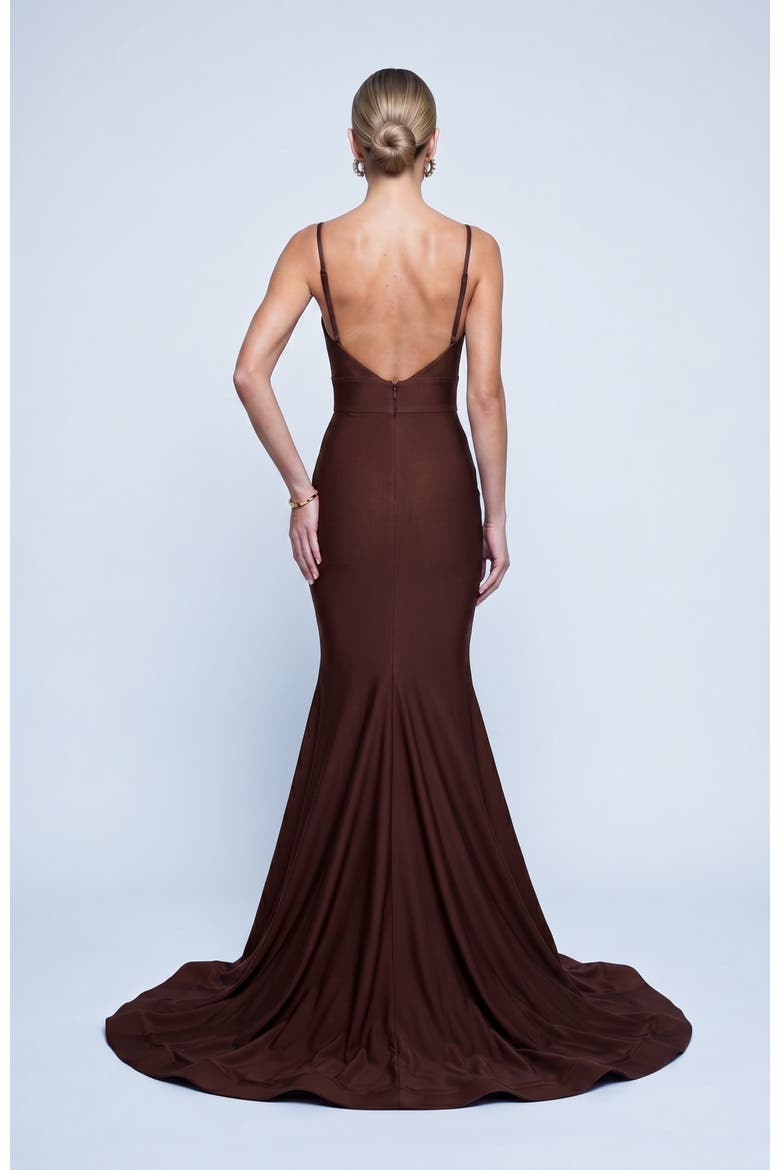 Ruched Plunge Neck Mermaid Evening Gown, Alternate, color, Brown