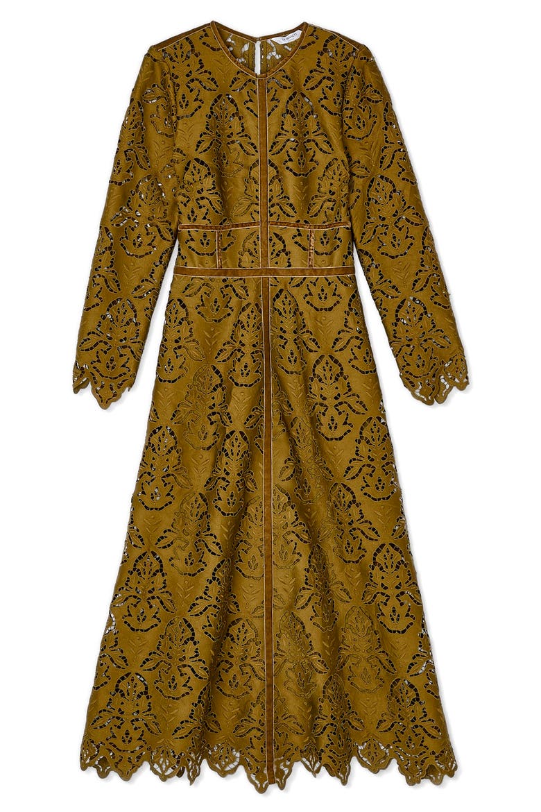 Gracie Velvet Trim Lace Long Sleeve Midi Dress, Alternate, color, GREEN