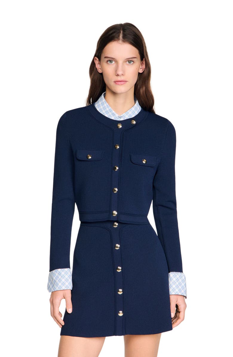 SANDRO Cropped rib knit cardigan, Main, color, Navy Blue