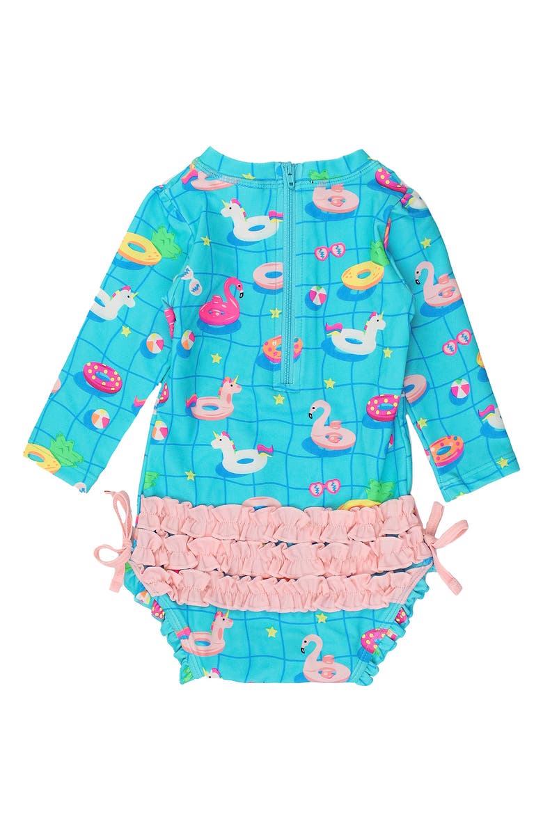 RuffleButts Kids' Neon Pool Party Long Sleeve One-Piece Swimsuit, Alternate, color, Blue