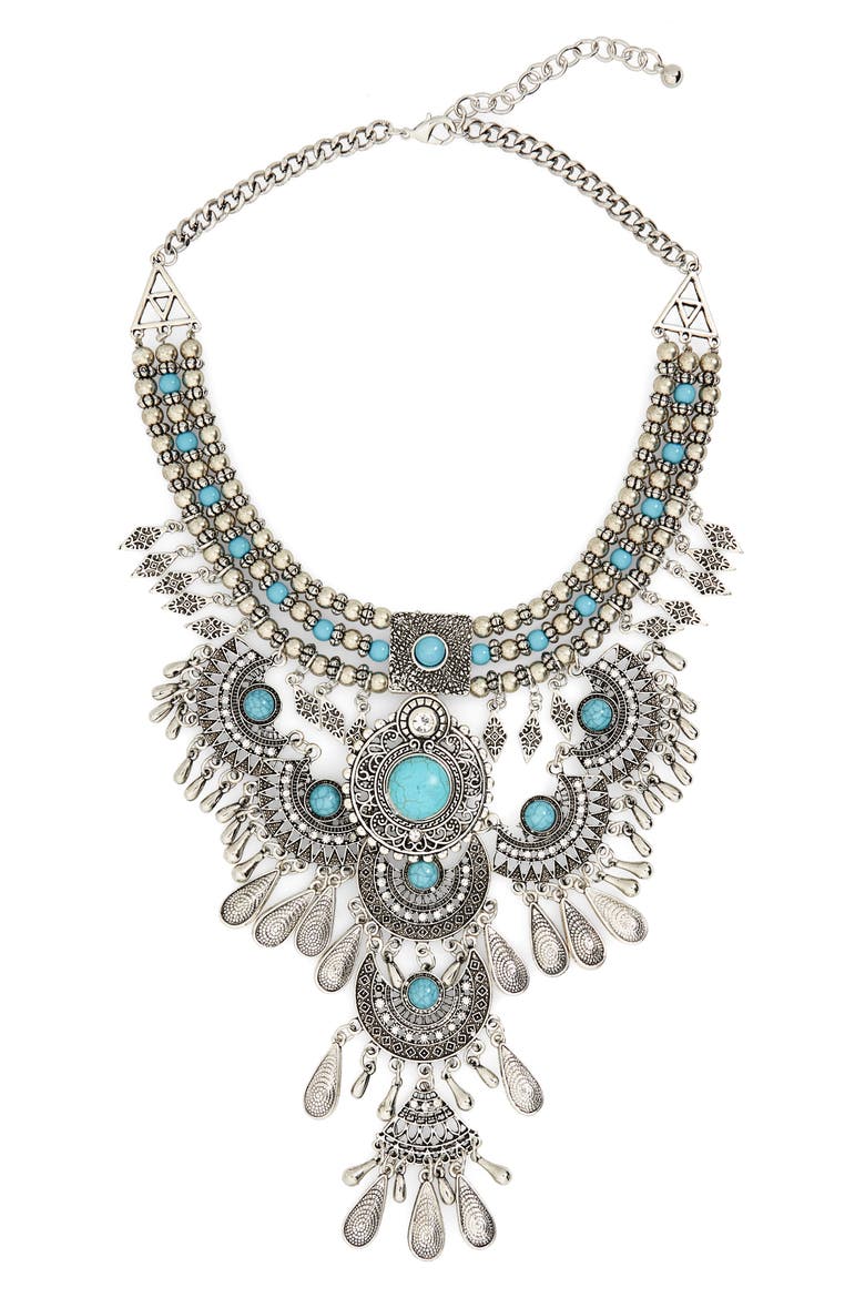 Western Bib Necklace, Main, color, SILVER/ TURQUOISE