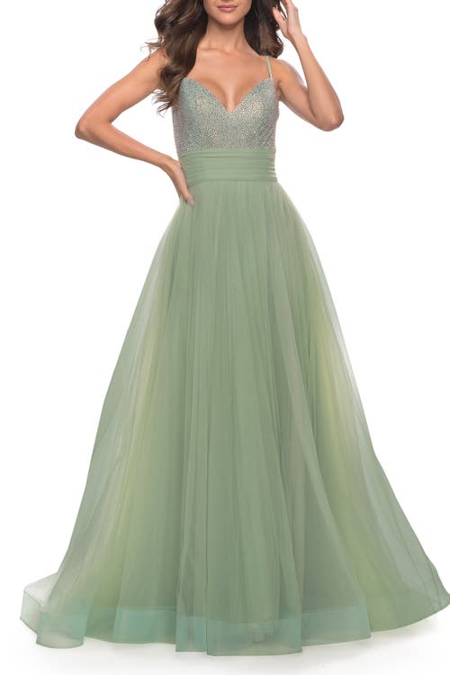 La Femme Tulle Gown With Full Skirt And Rhinestone Bodice In Sage