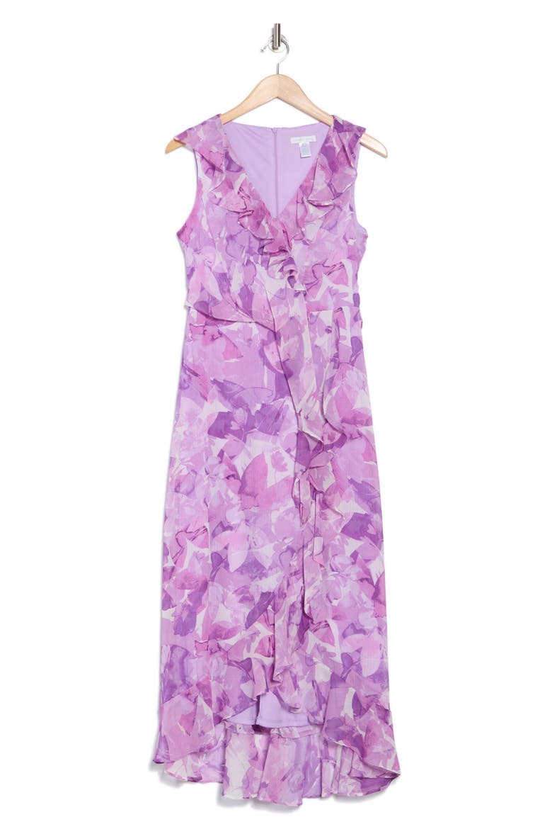Floral Sleeveless Ruffle Maxi Dress, Alternate, color, IVORY/ PURPLE