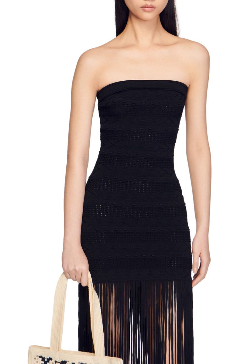 SANDRO Maldives Crochet Fringe Strapless Dress, Alternate, color, 