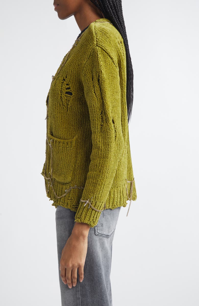 R13 Safety Pin Chain Detail Ripped Cotton Cardigan, Alternate, color, Light Green