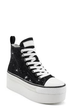Women's Lace Embroidered Wedge High Top Sneakers - Thick Platform, Casual Shoes - White/Grey, EU 39