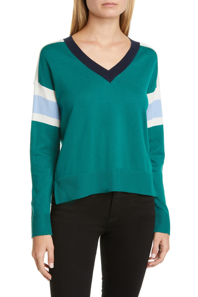 Stripe V-Neck Merino Wool Sweater, Main, color, SPRUCE/ SKY BLUE/ NIGHT