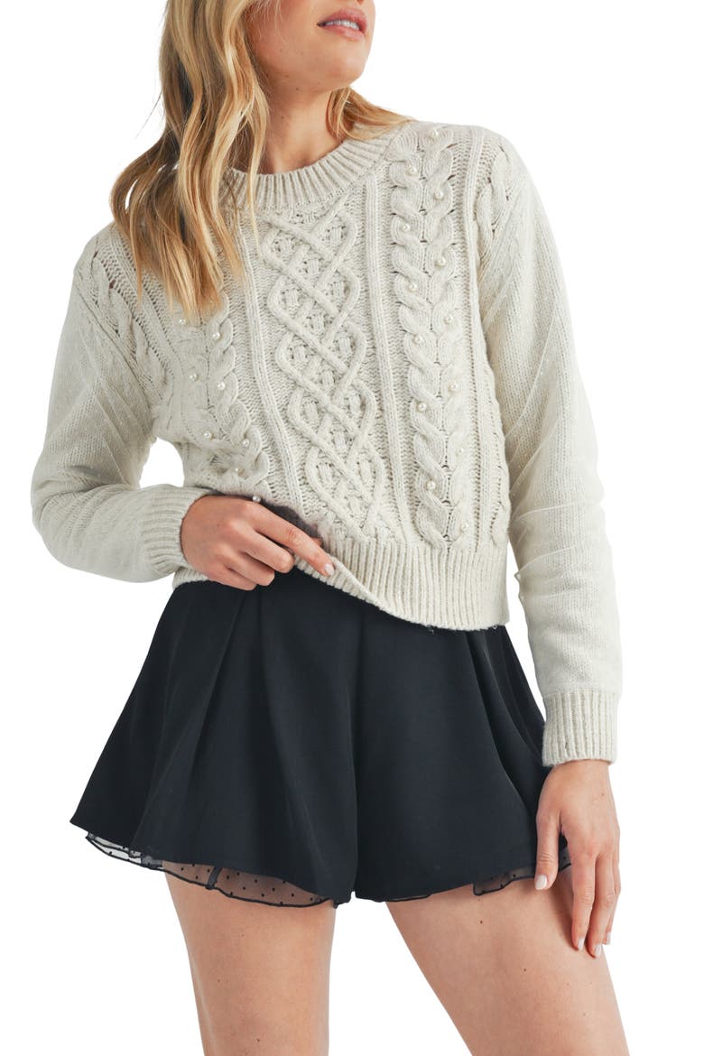 Faux Pearl Bead Cable Knit Sweater, Main, color, OATMEAL