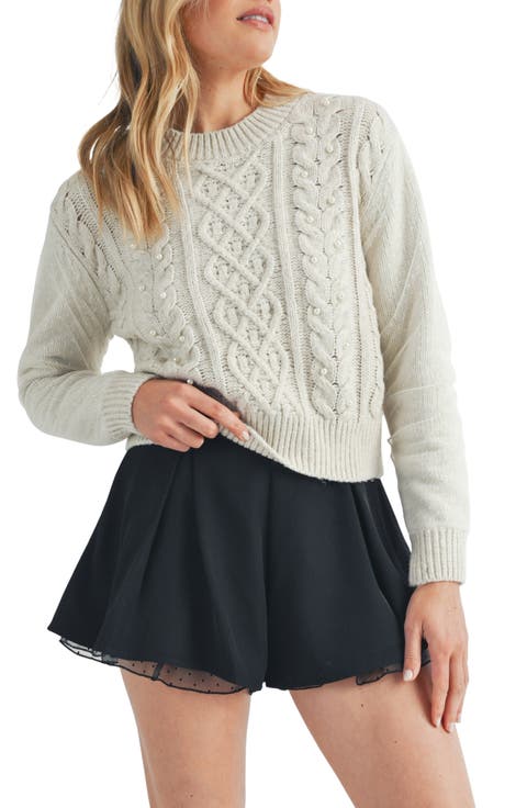 Faux Pearl Bead Cable Knit Sweater