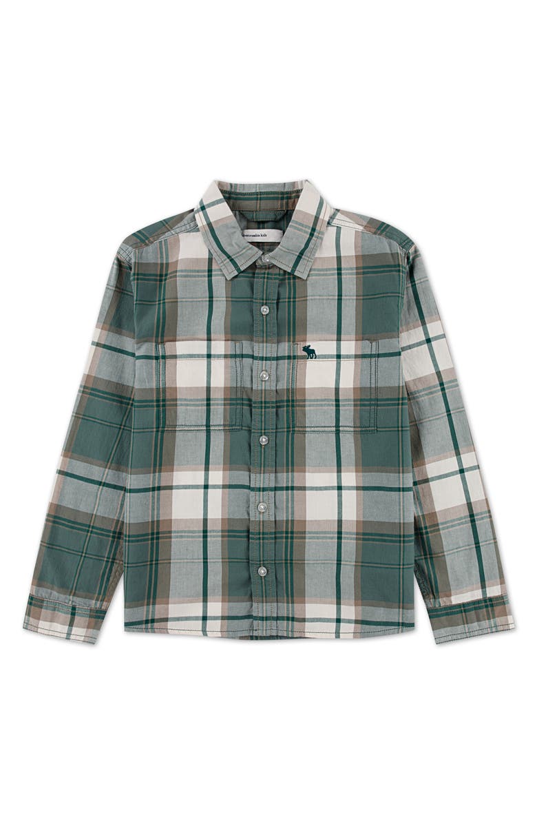 abercrombie kids Kids' Plaid Flannel Button-Up Shirt, Main, color, Dark Forest