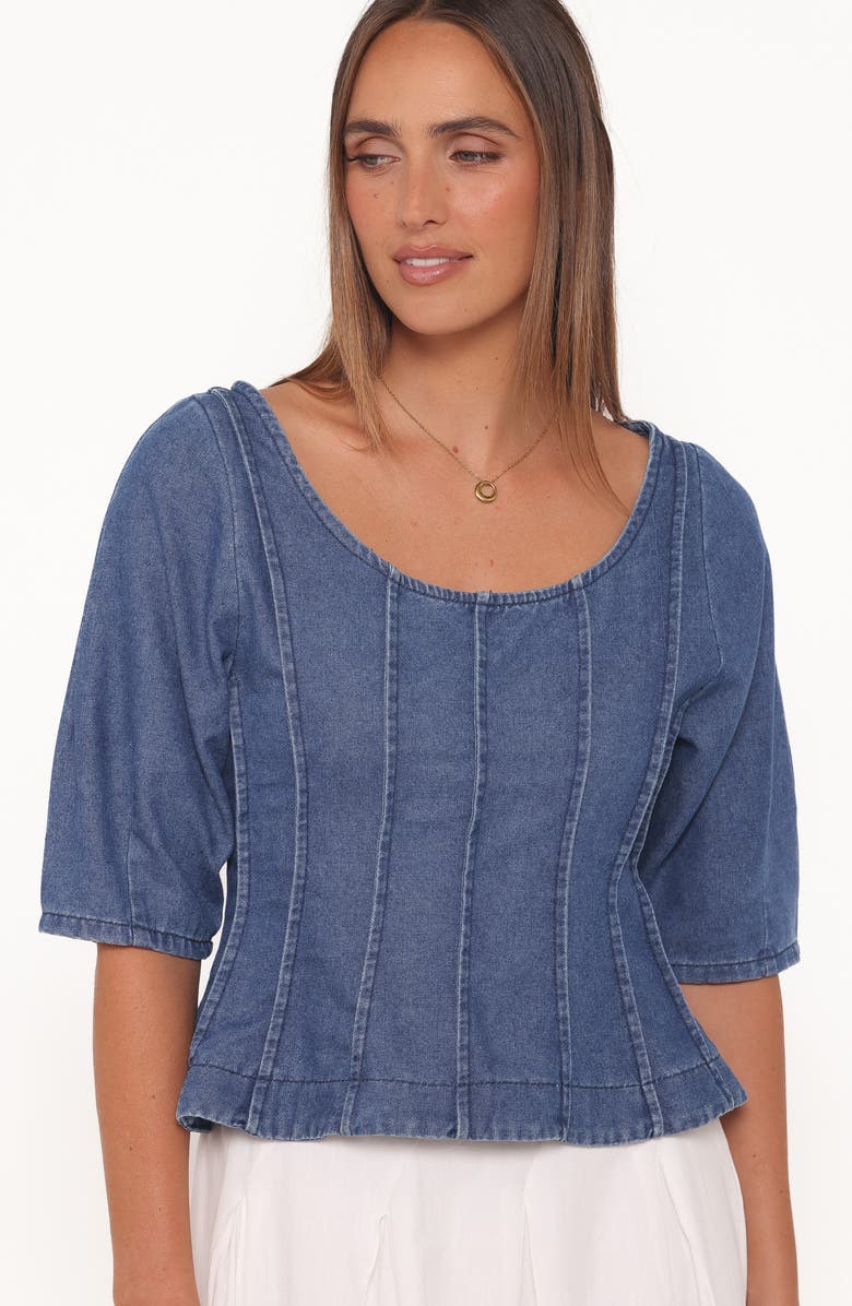 Petal & Pup Saylor Puff Sleeve Seamed Peplum Denim Top, Alternate, color, Blue Medium Wash