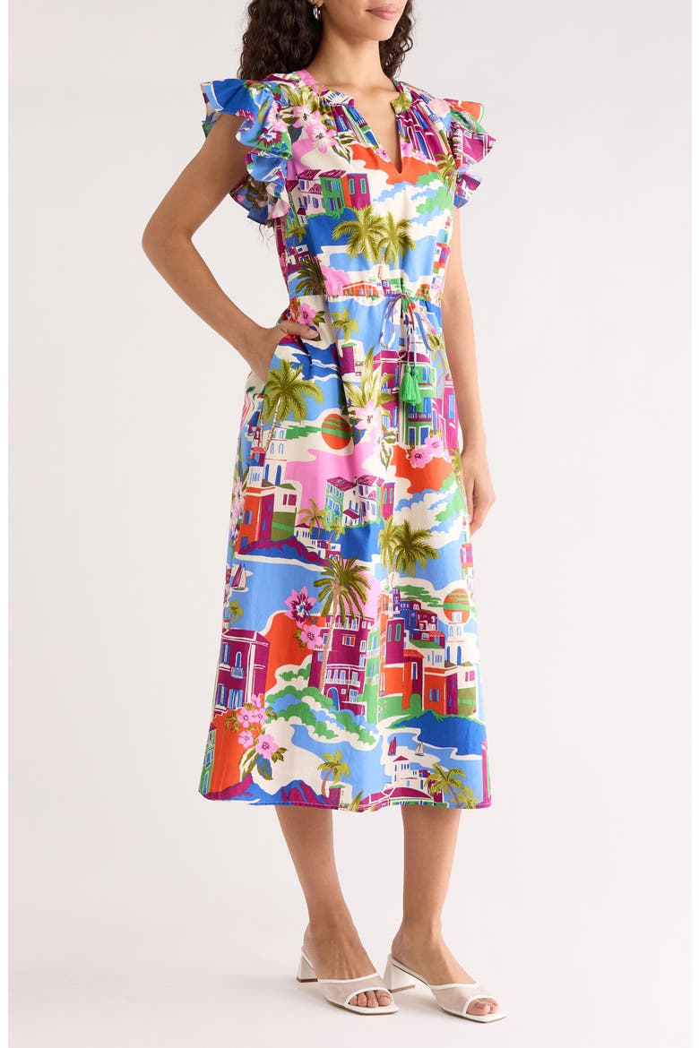 Rumi Town Tiarna Print Flutter Sleeve Tie Waist Midi Dress, Alternate, color, CREAM-BLUE-MULTI