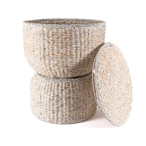 Happimess Bhola Hourglass Handwoven Hyacinth Storage Accent Table With Lid In White Wash