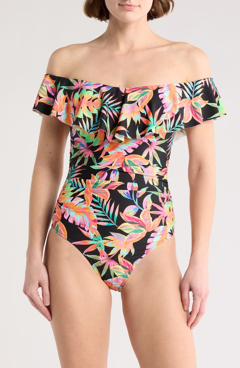 La Blanca Off the Shoulder Ruffle One-Piece Swimsuit, Main, color,