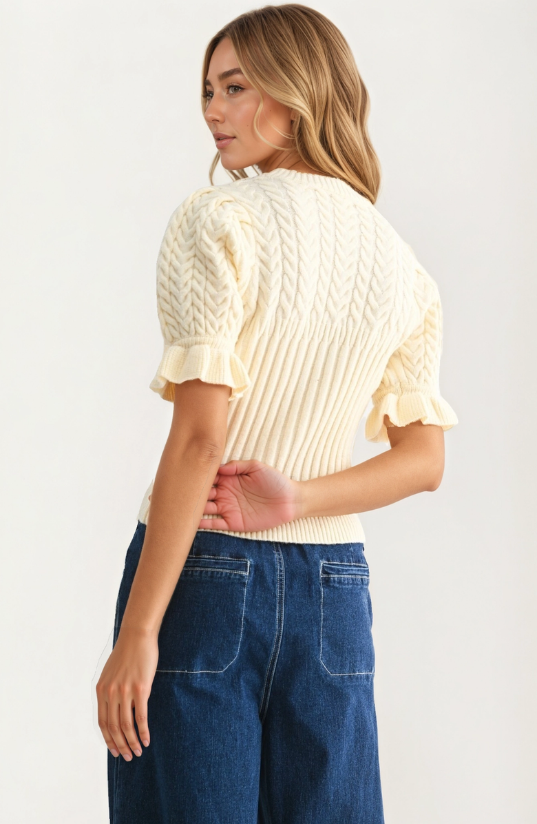 Knit and Lounge Puff Sleeve Cable Knit Sweater, Alternate, color, 
