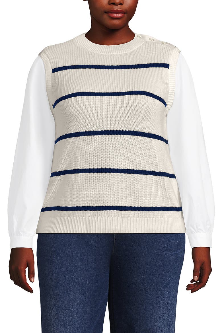 Plus Size Drifter Shaker Button Shoulder Sweater Vest with Poplin Sleeves, Main, color, Fresh Ivory/Navy Stripe