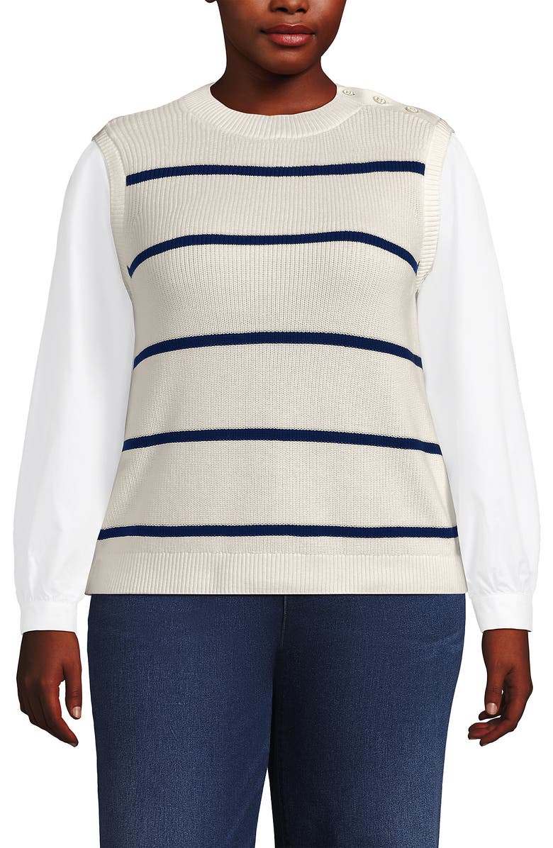 Lands' End Drifter Shaker Button Shoulder Sweater Vest with Poplin Sleeves, Main, color, Fresh Ivory/Navy Stripe