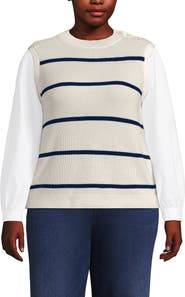 Lands' End Plus Size Drifter Shaker Button Shoulder Sweater Vest with Poplin Sleeves