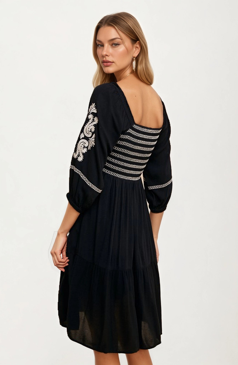 Knit and Lounge Embroidered Square-Neck Three-Quarter-Sleeve Dress, Alternate, color, 