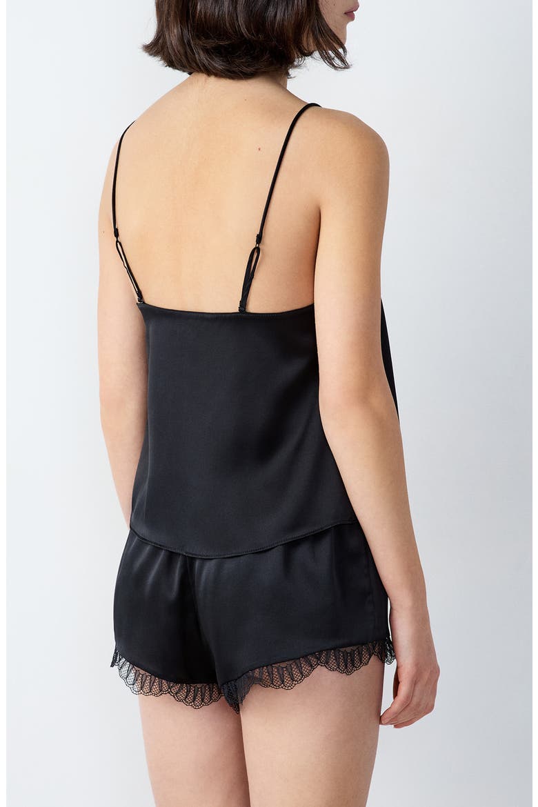 Caraco Lace Trim Silk Camisole, Alternate, color, BLACK