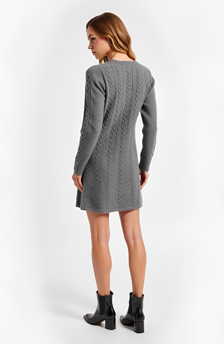 Modenaire Cable Knit V-Neck Long-Sleeve Sweater Dress, Alternate, color, Grey