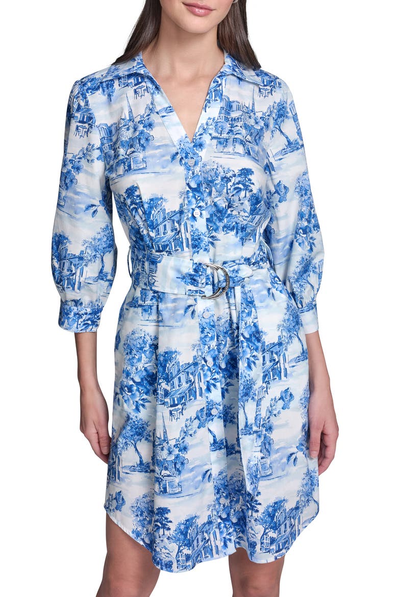 Toile Print Long Sleeve Shirtdress, Alternate, color, PORCELAIN BLUE COMBO